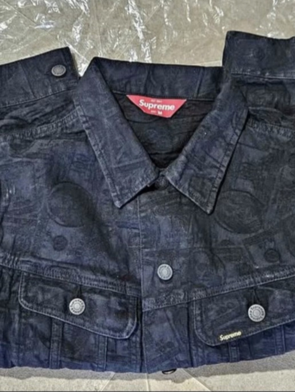 RARE NWOT Supreme $100 Bill Black Tonal Pattern Denim Jacket - Medium